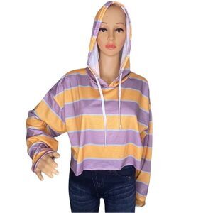 NWT Zaful Striped Cropped Long Sleeve Hoodie Shirt Lavender and Yellow Size XL